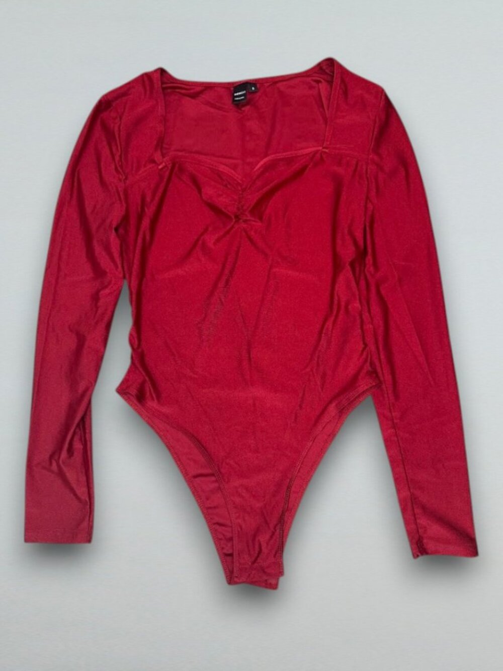 Red Long Sleeve Sweetheart Neck Ruched Stretch Bodysuit Women’s Size S